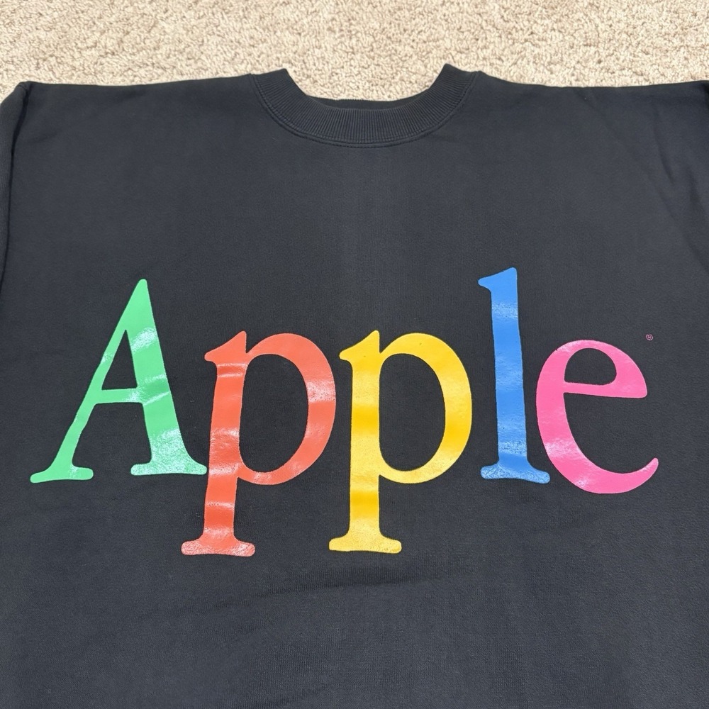 Vintage 90s Apple Computers Sweatshirt Men's Large Black Rainbow Spellout Tech - Picture 2 of 6